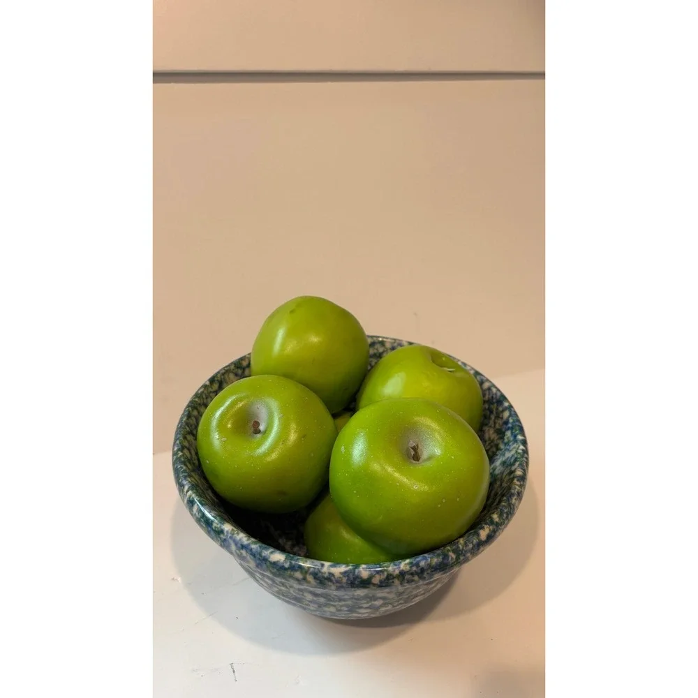 Vintage Spongeware Stoneware Bowl Blue Green Speckled Ceramic with 6 Faux Apples